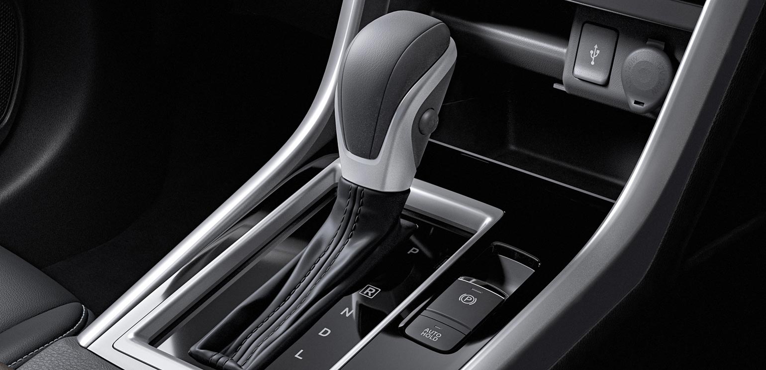 An automatic car's interior with gearstick